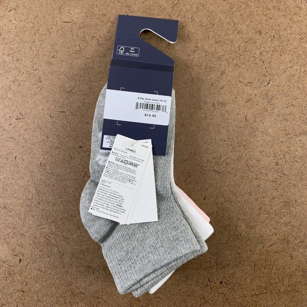 GAP Kids Girls Shoe Size 10-12 Pink White Gray Quarter Crew Socks (3-Pack) NWT